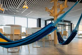 Hammocks in a modern indoor space with wooden accents and bright lighting