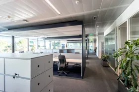 Modern office interior with workstations and plants